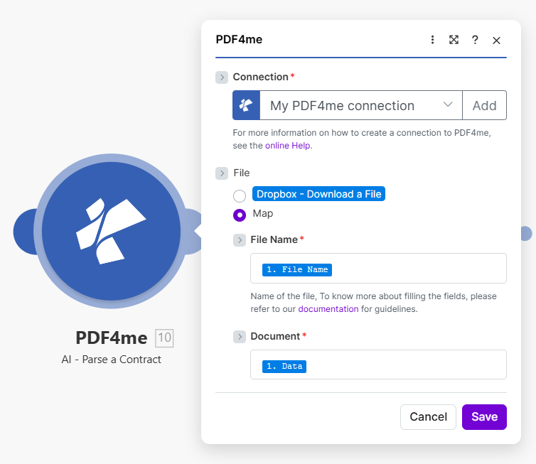 点击放大 完成 PDF4me AI 处理合同模块的配置,将连接设置为“我的 PDF4me 连接”,文件设置为“映射”,并从上一步文件源步骤映射合同名称和文档,以便提取合同各方、签署日期、生效日期、到期日期、合同期限和管辖权等信息。